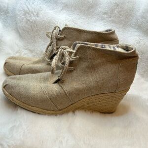 Toms Tan Linen Ankle Boots with Lace-Up Design